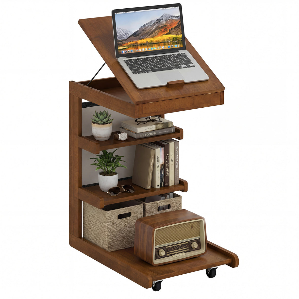 C-shaped End Table with Wheels and Adjustable Desktop for Sofa Couch Bedside-Brown