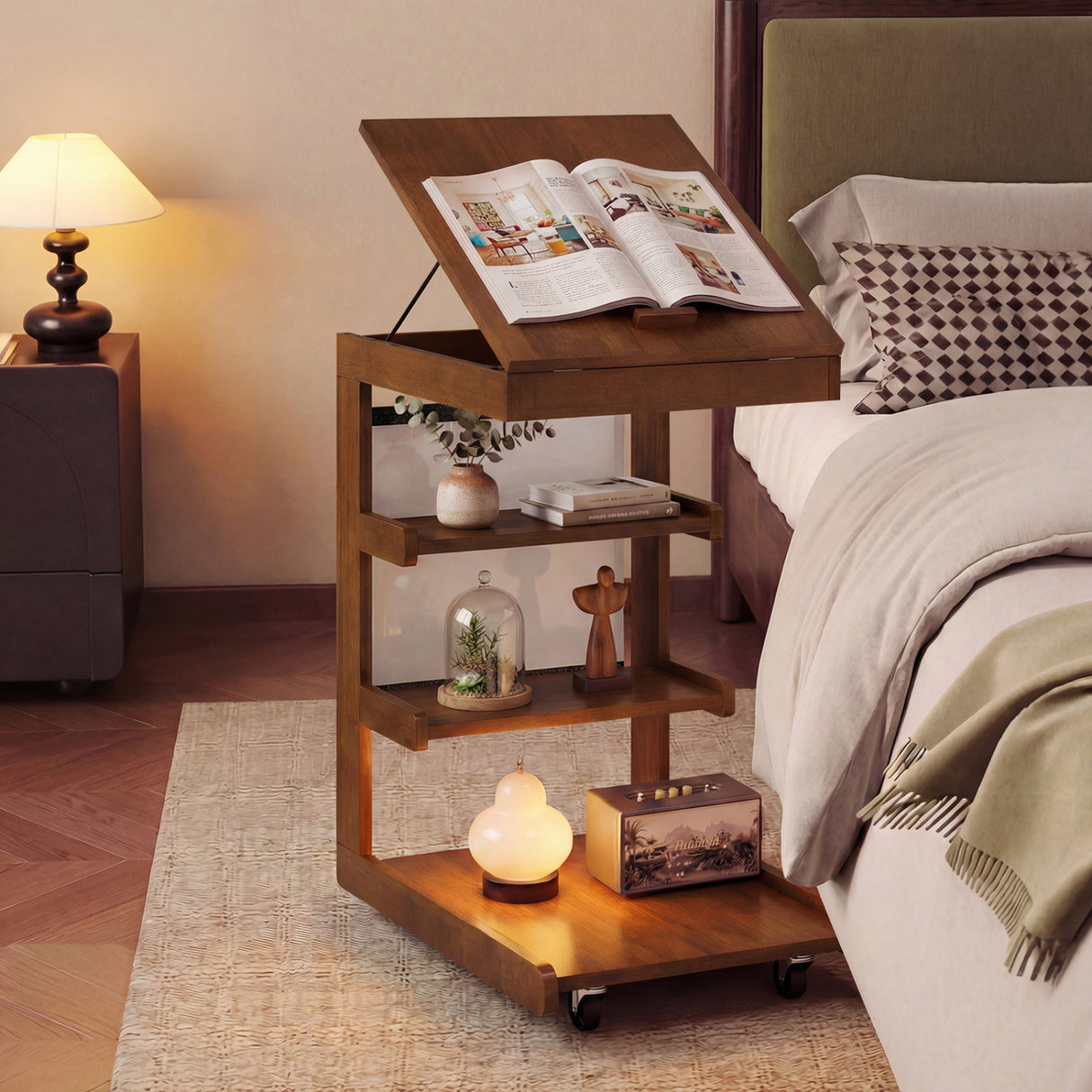 C-shaped End Table with Wheels and Adjustable Desktop for Sofa Couch Bedside-Brown