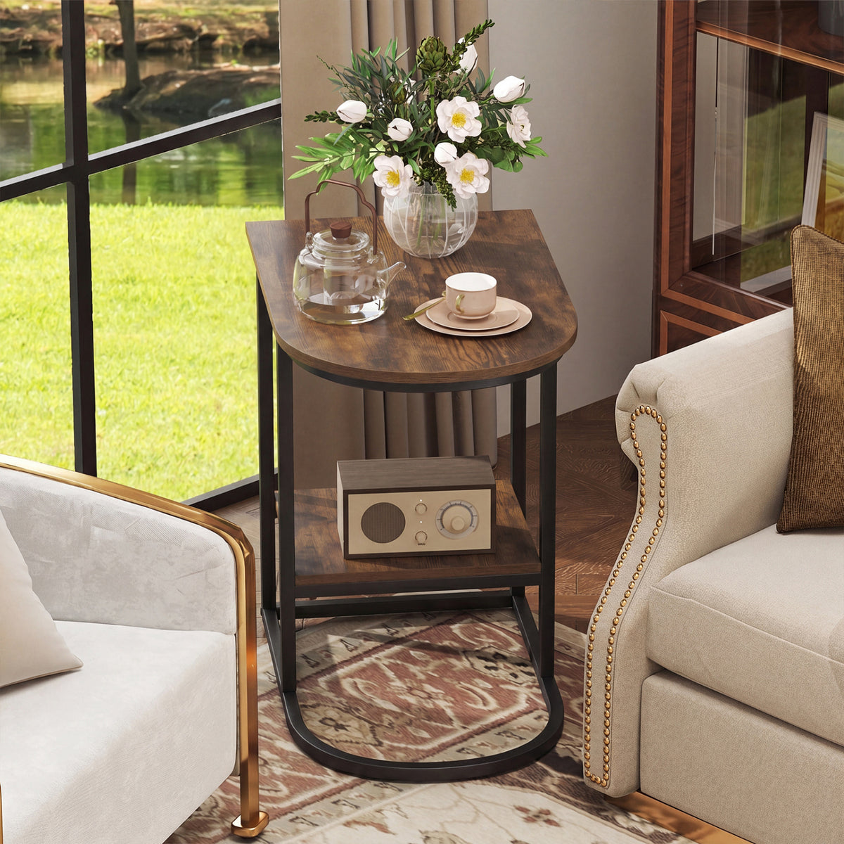 C-shaped Modern Sofa Side Table with Faux Marble Tabletop and Storage Shelf-Rustic Brown