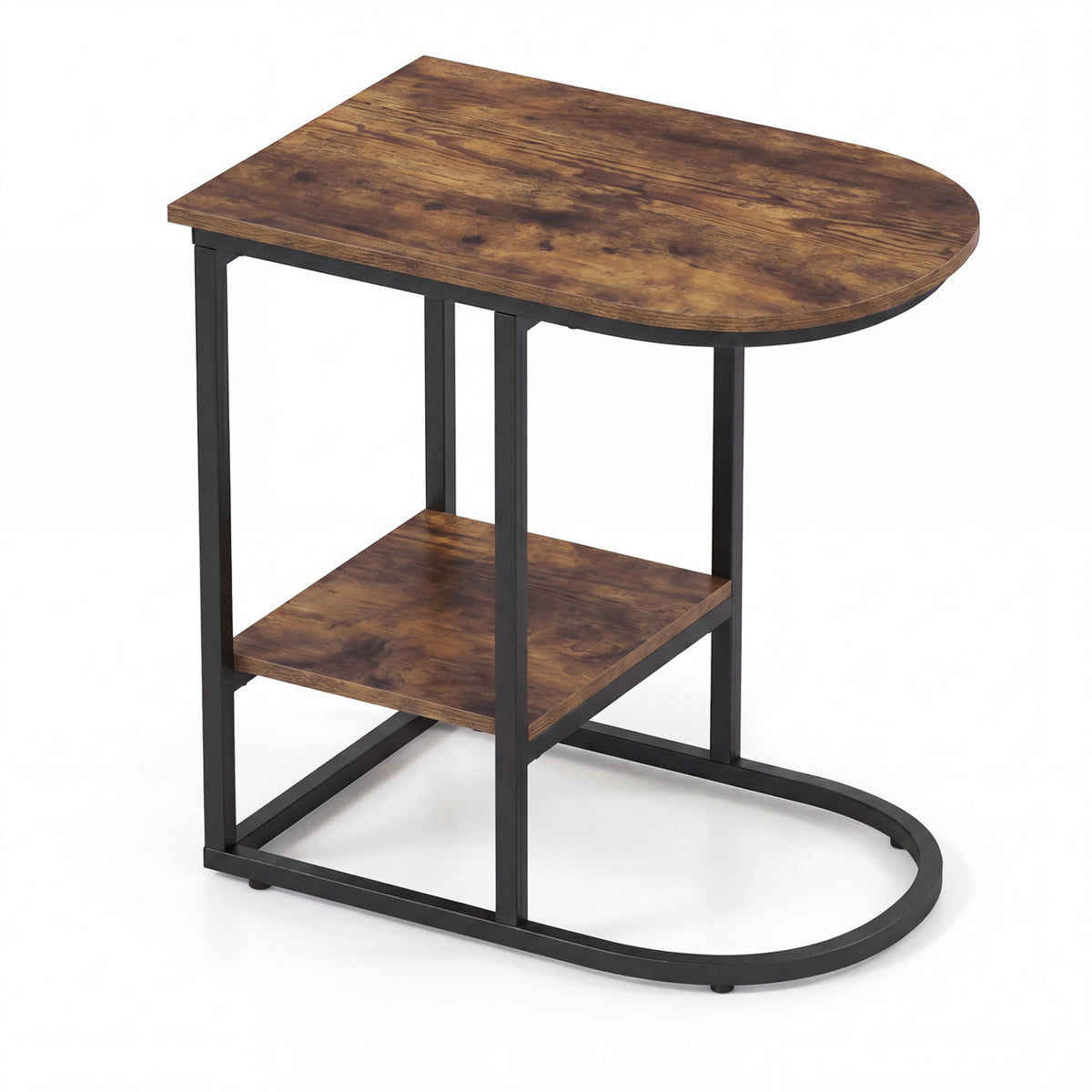 C-shaped Modern Sofa Side Table with Faux Marble Tabletop and Storage Shelf-Rustic Brown