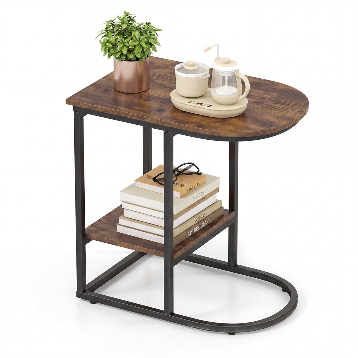 C-shaped Modern Sofa Side Table with Faux Marble Tabletop and Storage Shelf-Rustic Brown