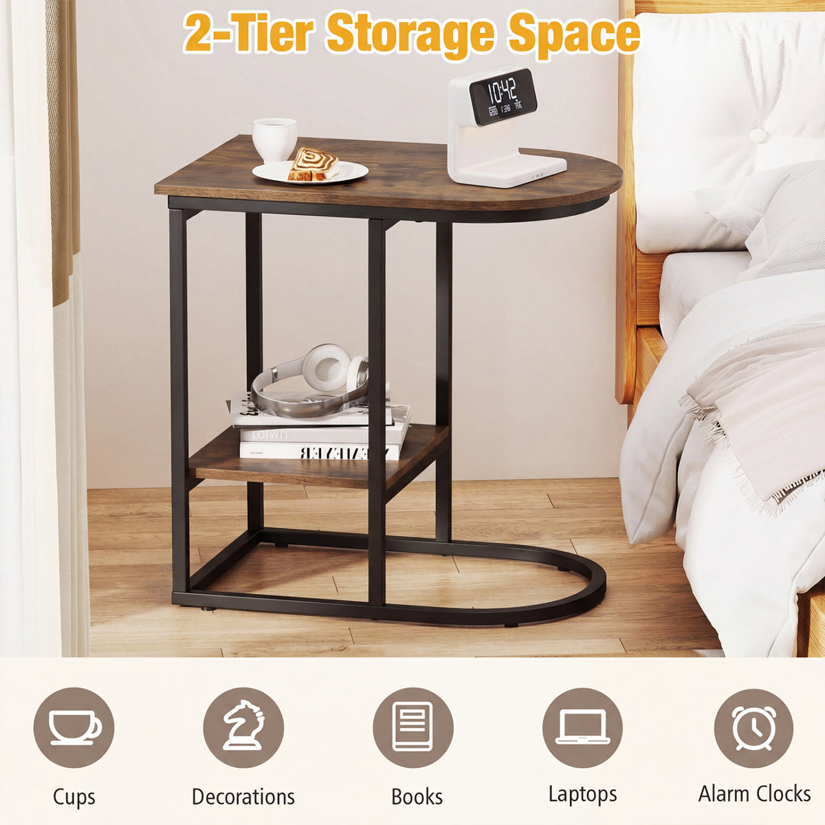 C-shaped Modern Sofa Side Table with Faux Marble Tabletop and Storage Shelf-Rustic Brown