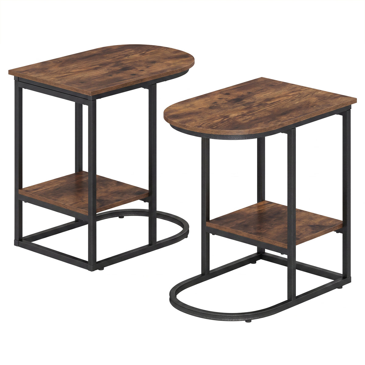 C-shaped Modern Sofa Side Table with Storage Shelf Faux and Marble Tabletop -Rustic Brown