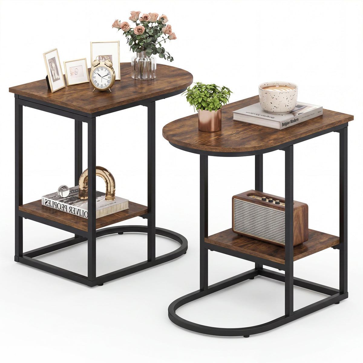 C-shaped Modern Sofa Side Table with Storage Shelf Faux and Marble Tabletop -Rustic Brown