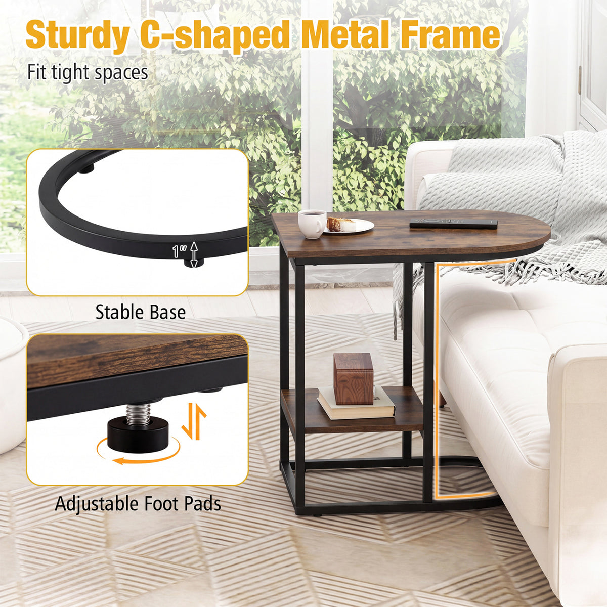 C-shaped Modern Sofa Side Table with Storage Shelf Faux and Marble Tabletop -Rustic Brown