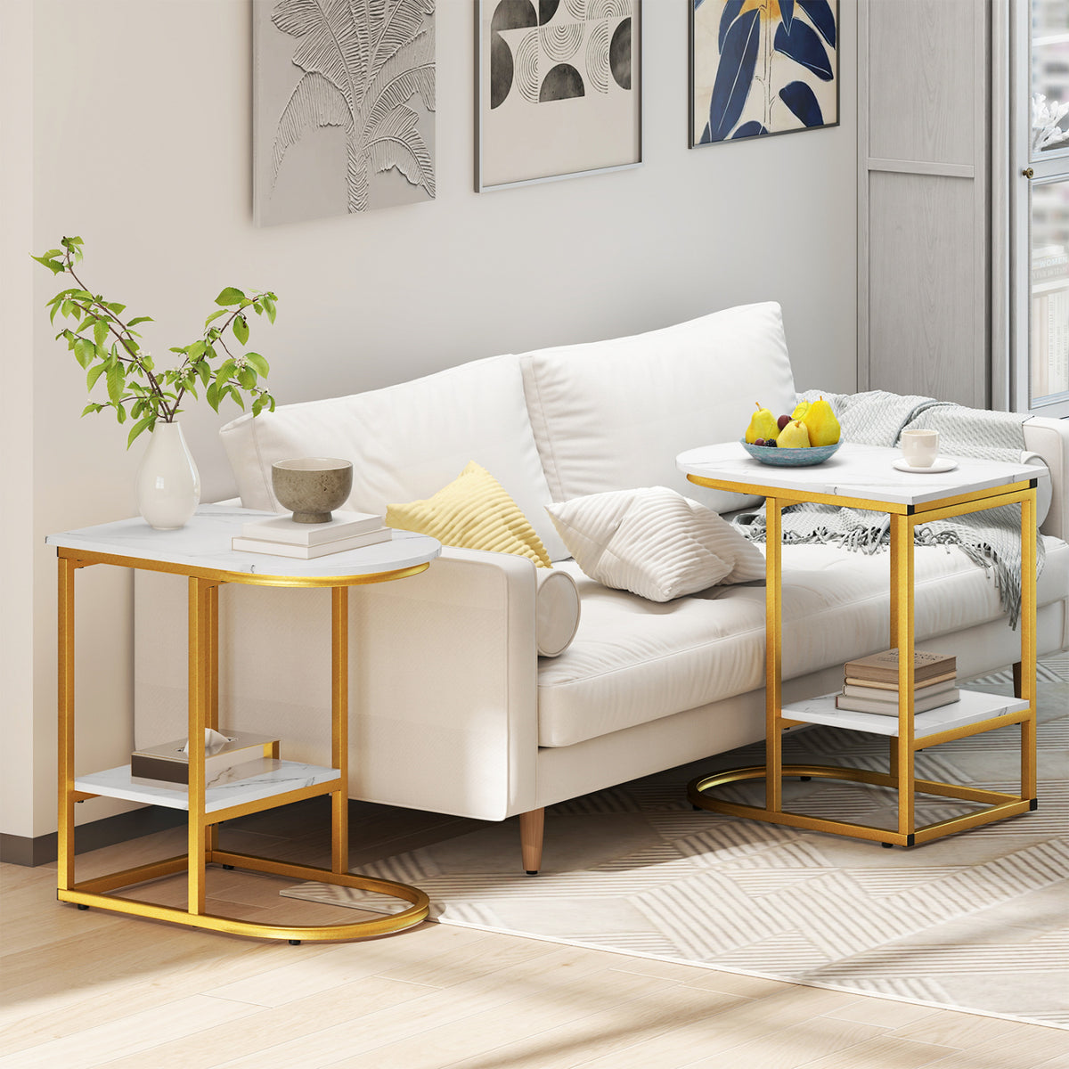 C-shaped Modern Sofa Side Table with Storage Shelf Faux and Marble Tabletop-White