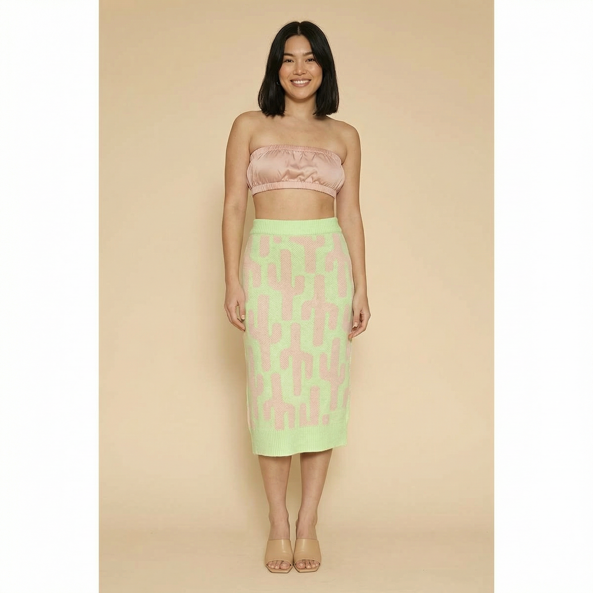 Cactus Knit Midi Skirt | Green Intarsia Cactus Sweater Skirt | Boho Desert Knit Skirt