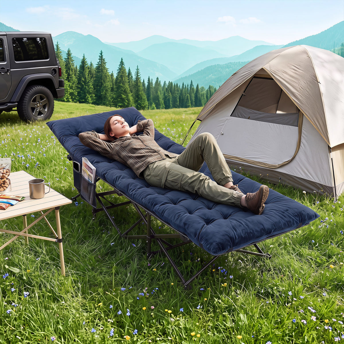 Camping Cot for Adults with Soft Padded Mat and Carrying Bag-Navy
