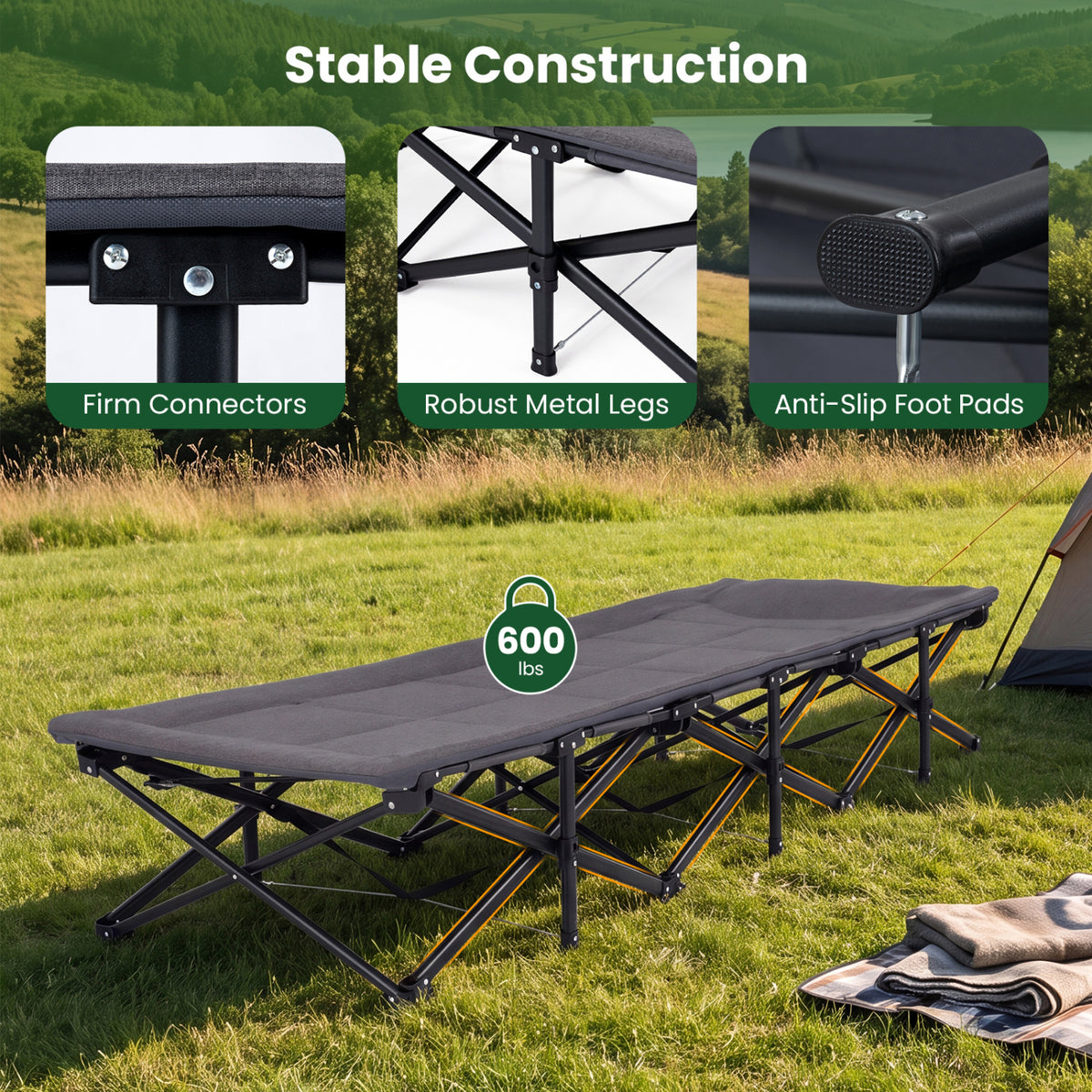 Camping Cot with Padded Pillow and Storage Pouch for Camping Travel-Gray