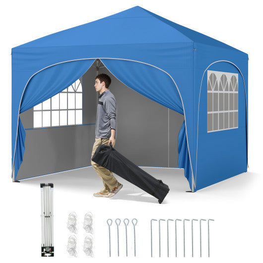 10 X 10 FT Pop up Canopy Tent with 4 Removable Sidewall-Blue
