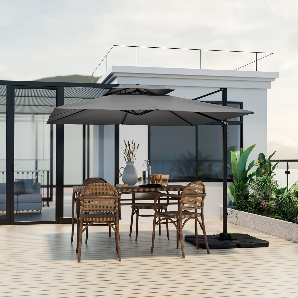 9.5 Feet Cantilever Patio Umbrella with 360 ° Rotation and Double Top-Gray