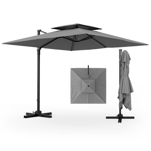 9.5 Feet Cantilever Patio Umbrella with 360 ° Rotation and Double Top-Gray