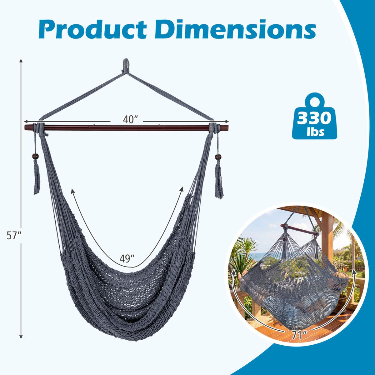 Caribbean Hammock Chair with Metal Spreader Bar Woven Rope Swing-Gray