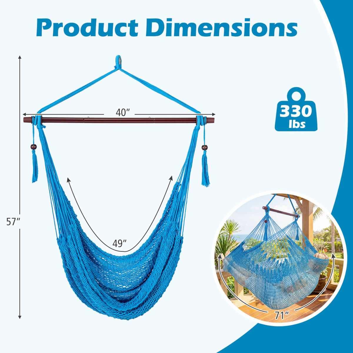 Caribbean Hammock Chair with Metal Spreader Bar Woven Rope Swing-Blue