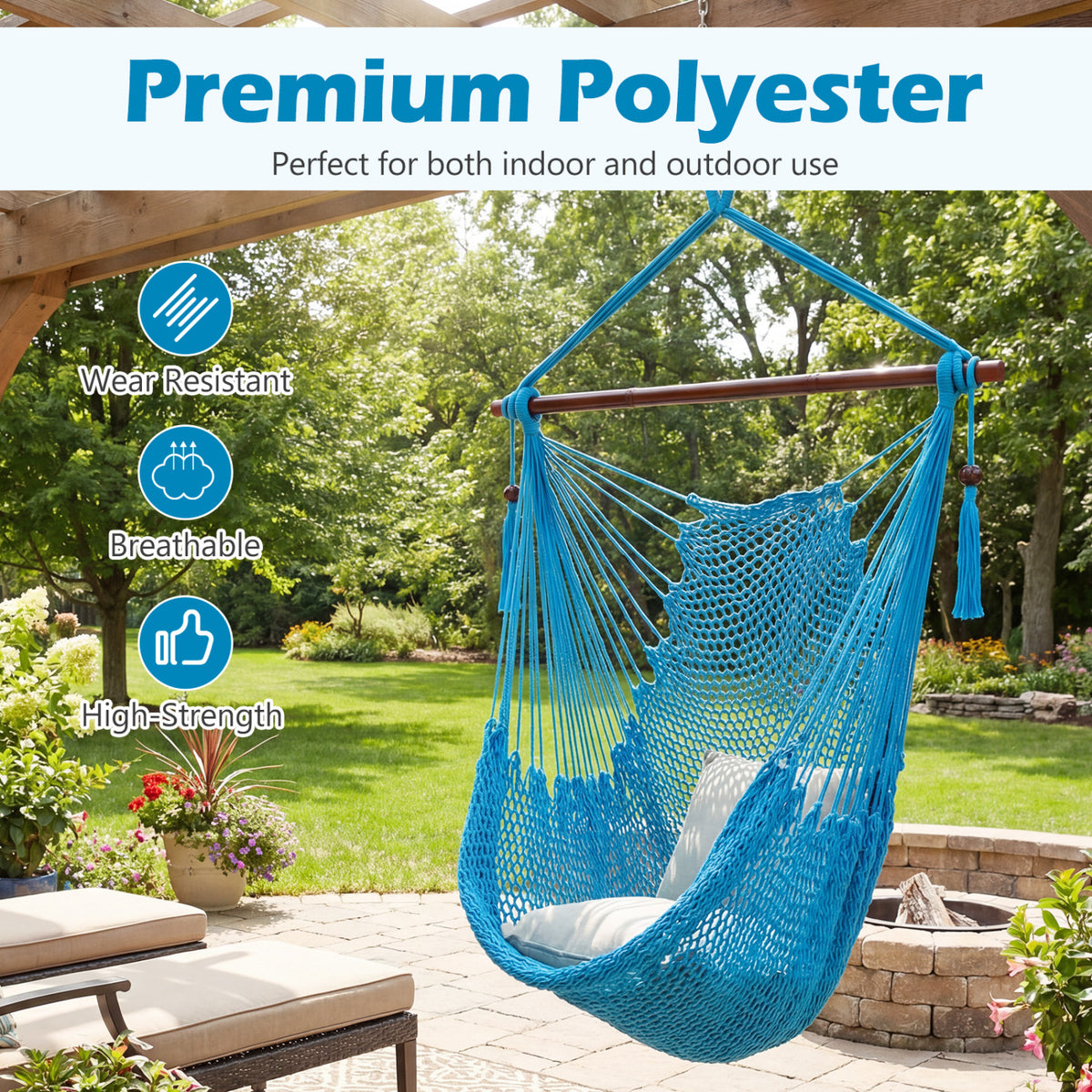Caribbean Hammock Chair with Metal Spreader Bar Woven Rope Swing-Blue