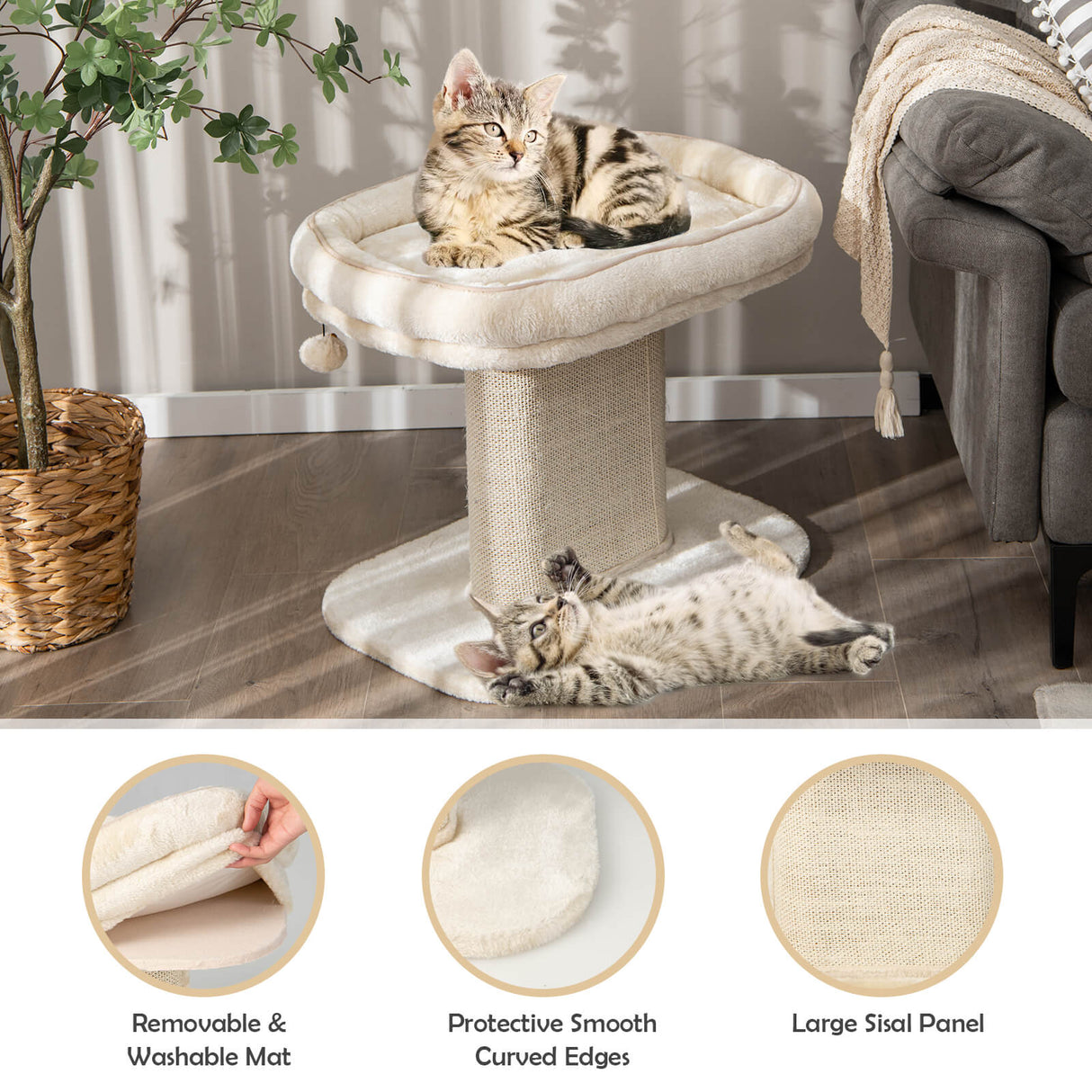 Modern Cat Tree Tower with Plush Perch and Sisal Scratching Plate-Beige