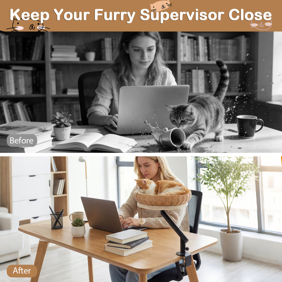 Cat Desk Bed with Removable Padded Cushion for Indoor Cats-Natural
