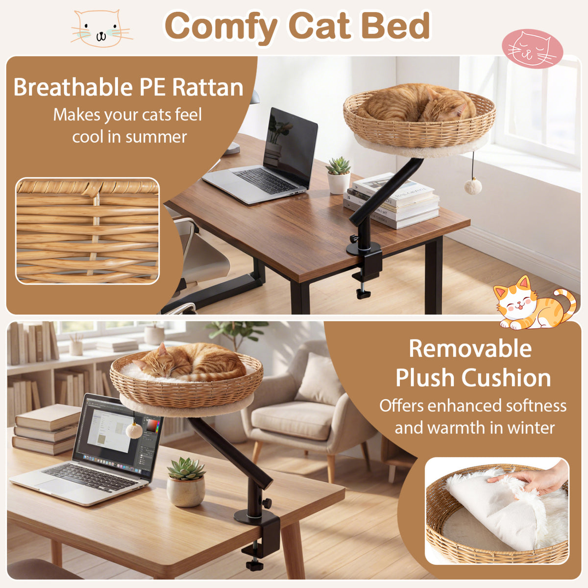 Cat Desk Bed with Removable Padded Cushion for Indoor Cats-Natural