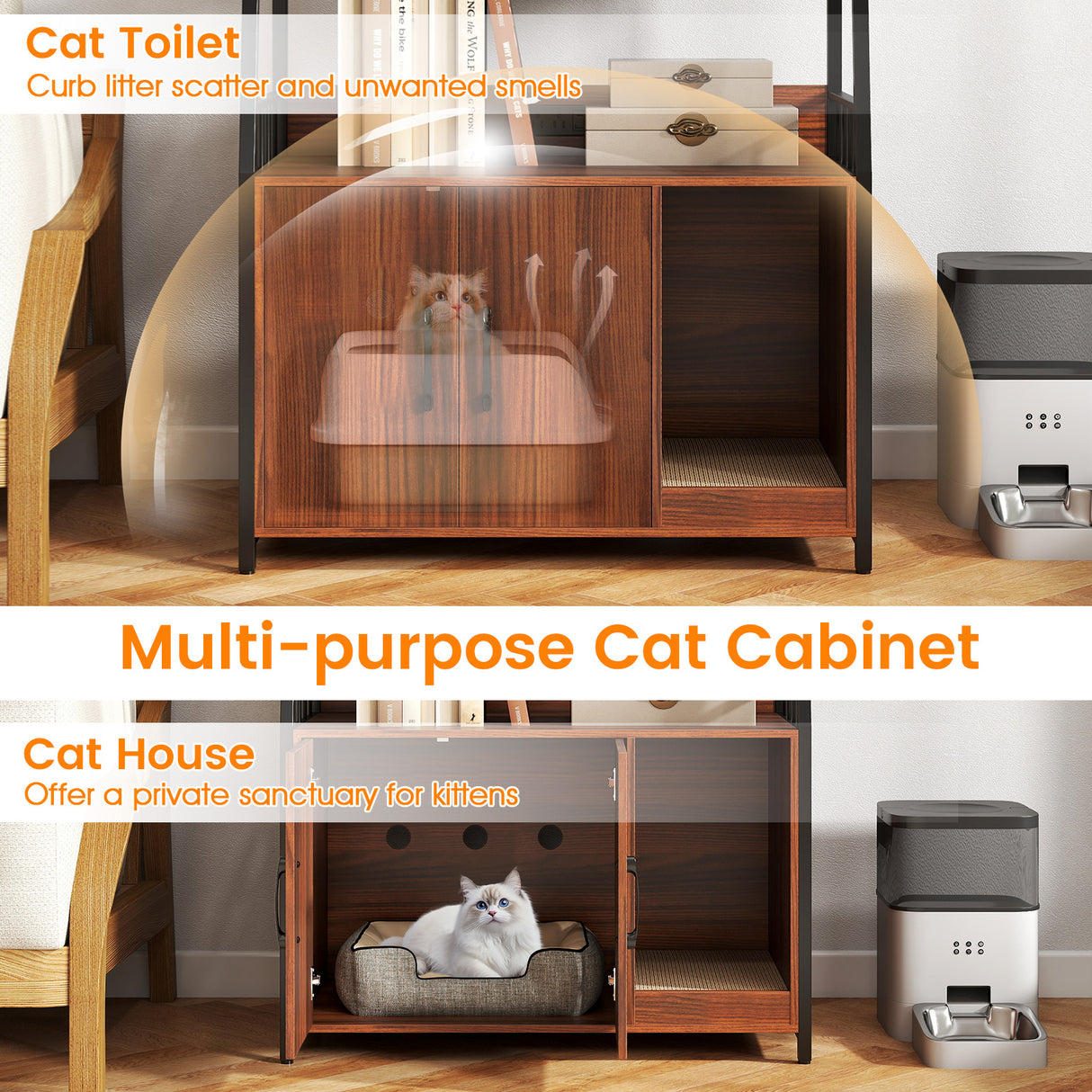 Cat Litter Box Enclosure with Storage Shelves and Scratching Pad-Walnut
