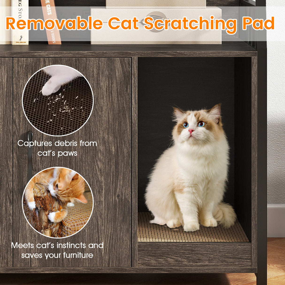 Cat Litter Box Enclosure with Storage Shelves and Scratching Pad-Gray