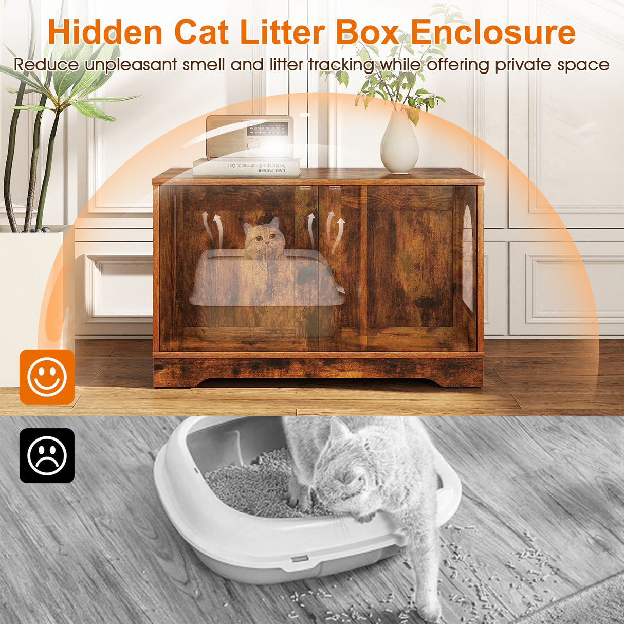 Cat Litter Box Enclosure Furniture Indoor Wooden Cat House End Side Table Nightstand-Brown