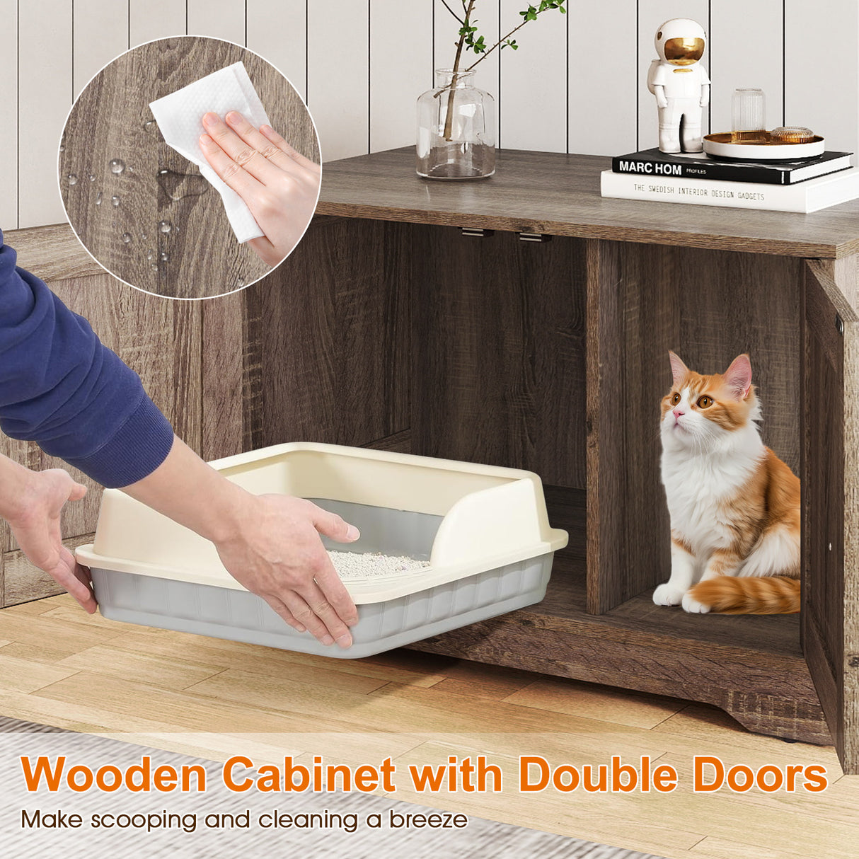 Cat Litter Box Enclosure Furniture Indoor Wooden Cat House End Side Table Nightstand-Gray