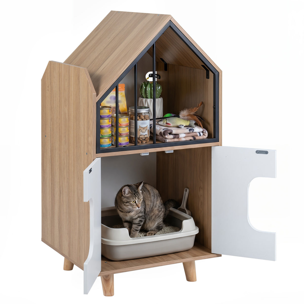 Cat Litter Box Enclosure with Shelf and 2 Doors Wooden House-Shaped for IndoorNatural