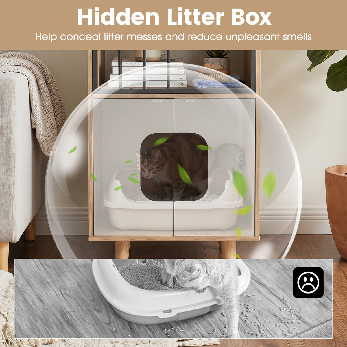 Cat Litter Box Enclosure with Shelf and 2 Doors Wooden House-Shaped for IndoorNatural