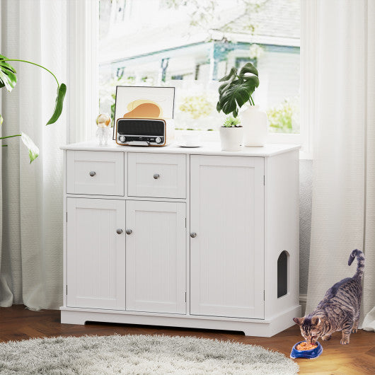 Cat Litter Box Enclosure with 2 Drawers and 3 Doors for Kittens and Adult Cats-White