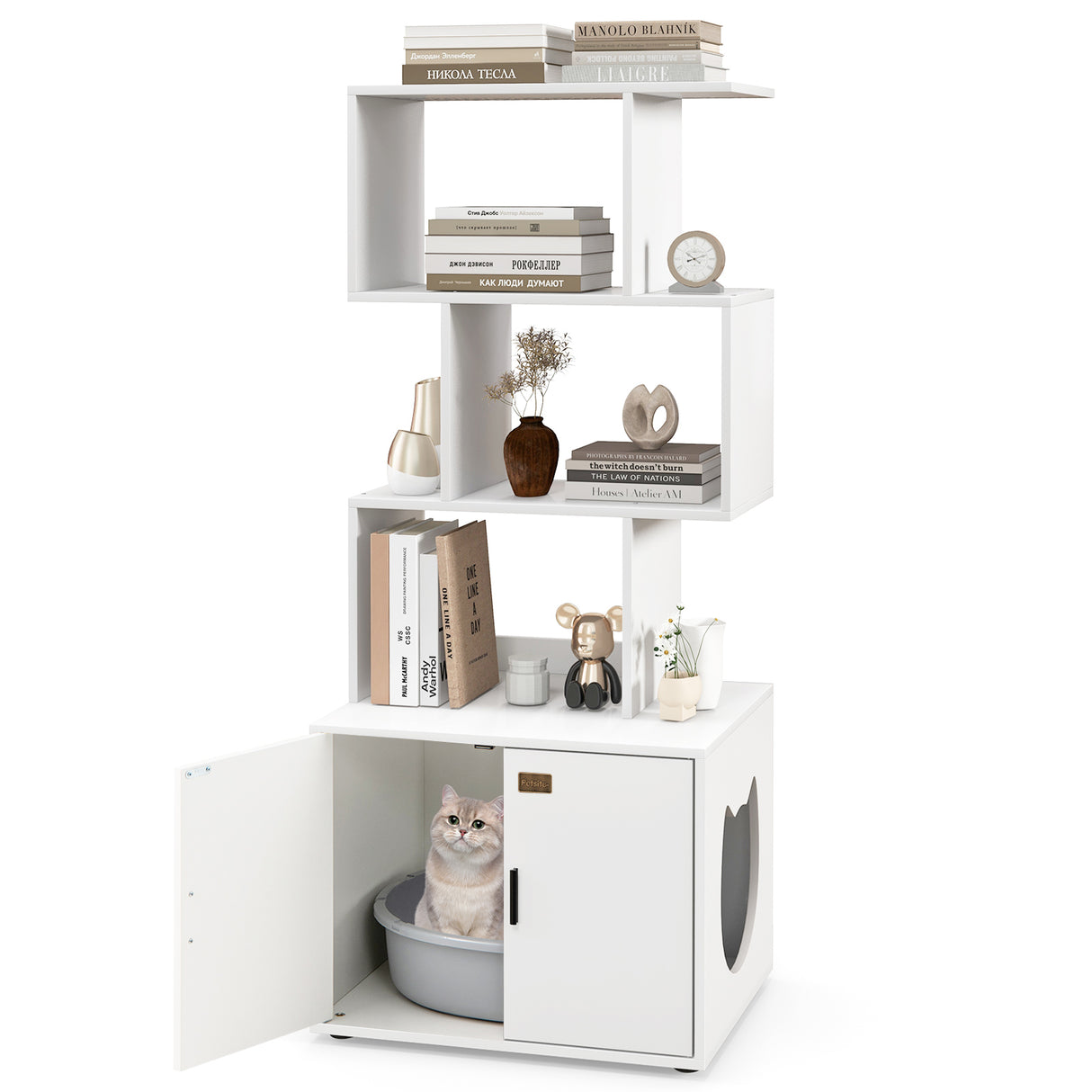 56 Inch Tall Cat Litter Box Enclosure with Storage-White