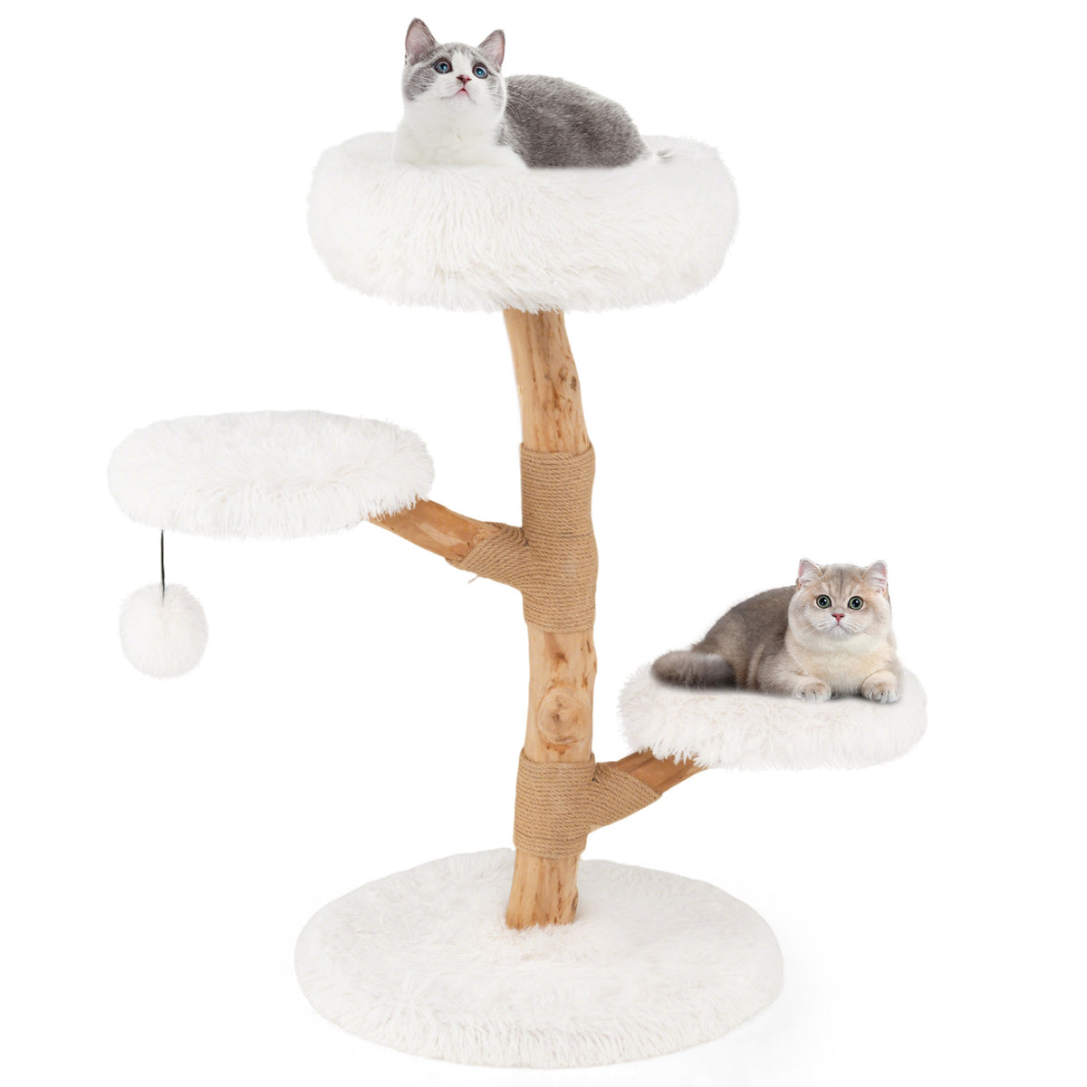 Cat Tree Solid Pear Wood with Perch and Natural Jute Scratching Posts-White