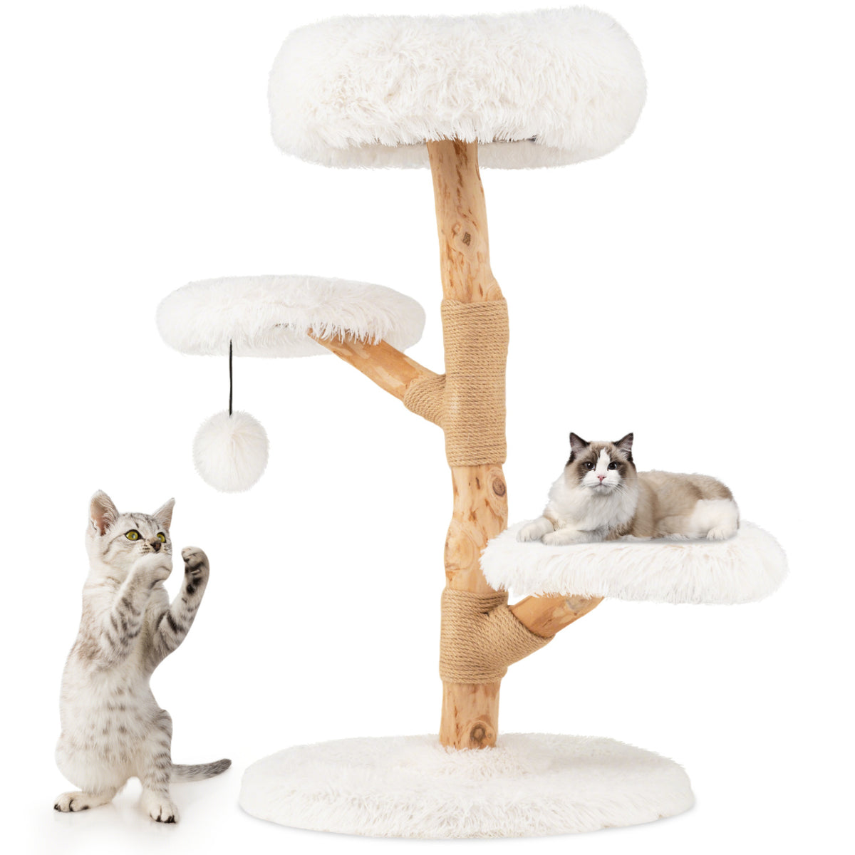 Cat Tree Solid Pear Wood with Perch and Natural Jute Scratching Posts-White