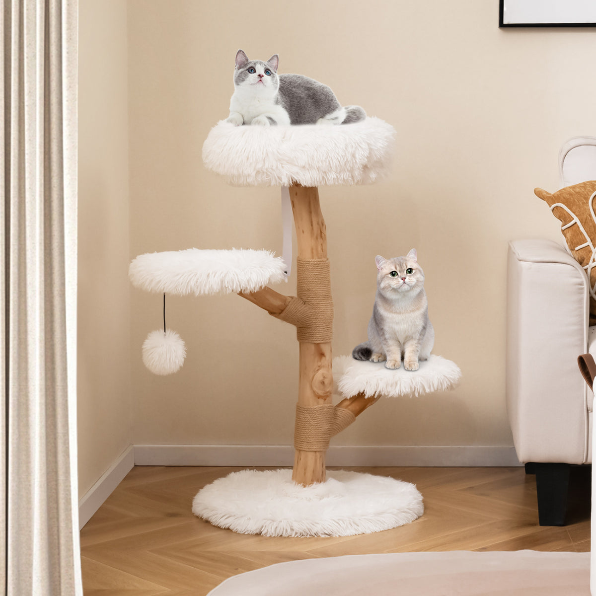 Cat Tree Solid Pear Wood with Perch and Natural Jute Scratching Posts-White