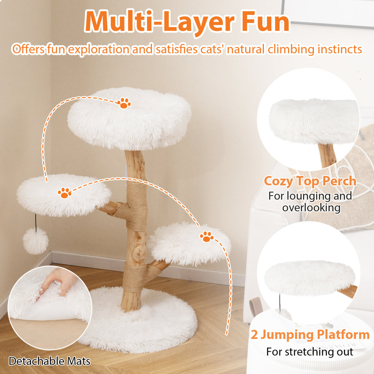 Cat Tree Solid Pear Wood with Perch and Natural Jute Scratching Posts-White