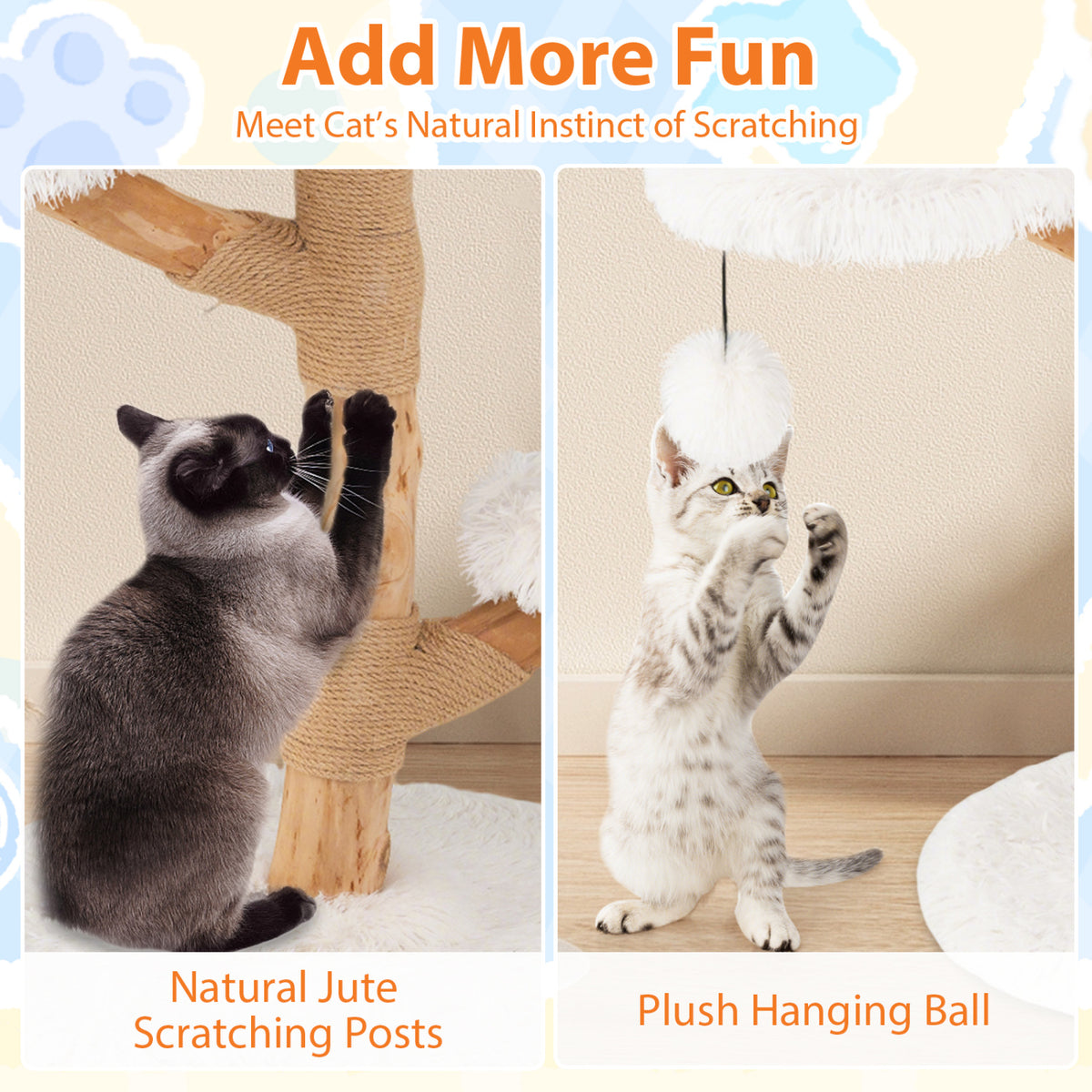 Cat Tree Solid Pear Wood with Perch and Natural Jute Scratching Posts-White