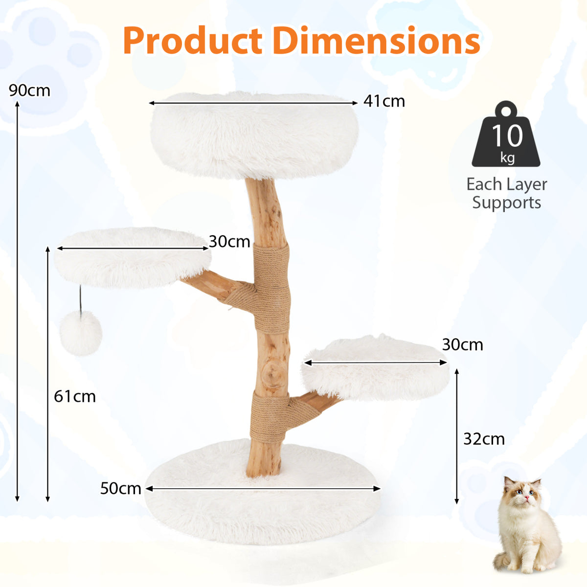 Cat Tree Solid Pear Wood with Perch and Natural Jute Scratching Posts-White