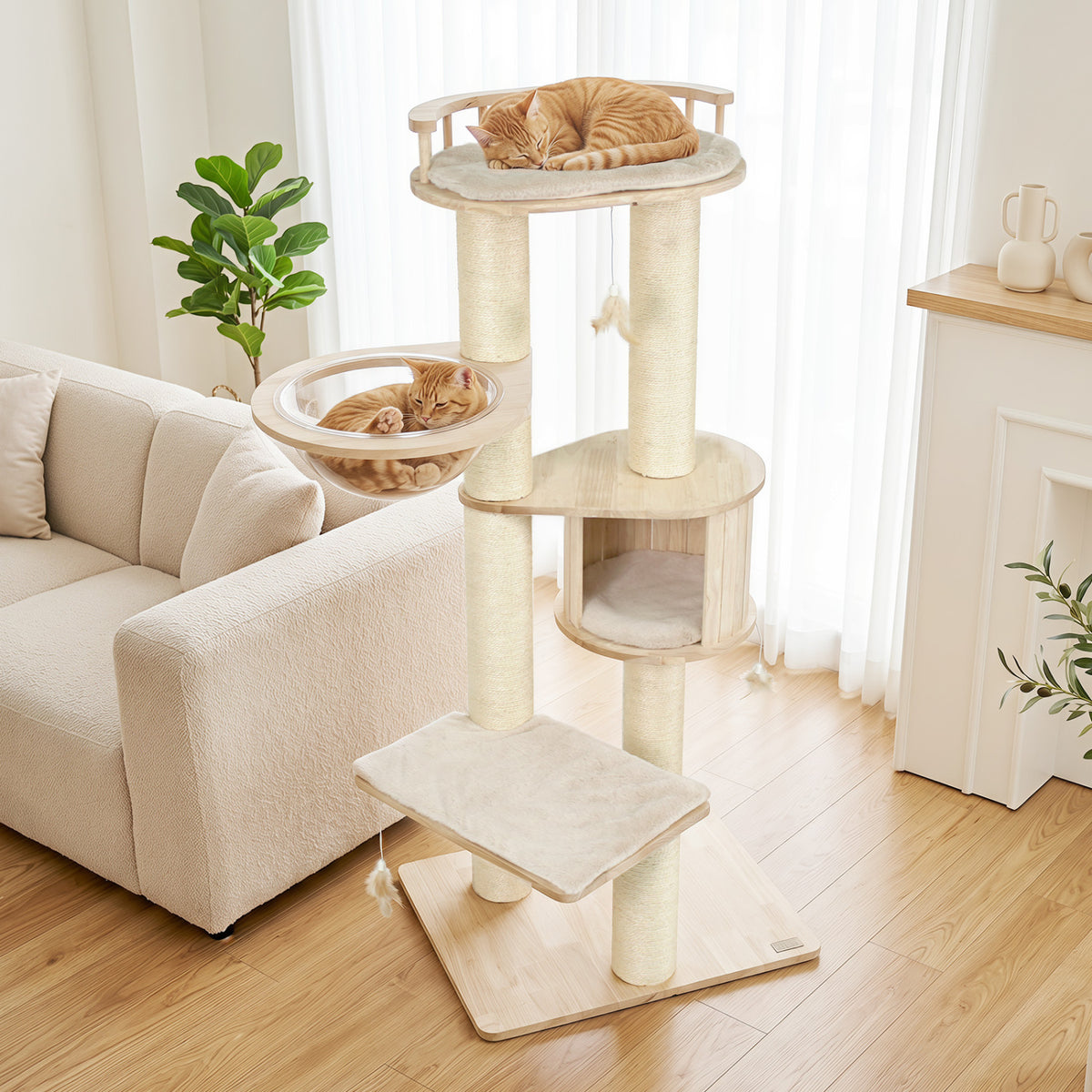 Cat Tree for Indoor Kittens with Top Perch Condo Space and 3 Hanging Feather Toys-Beige