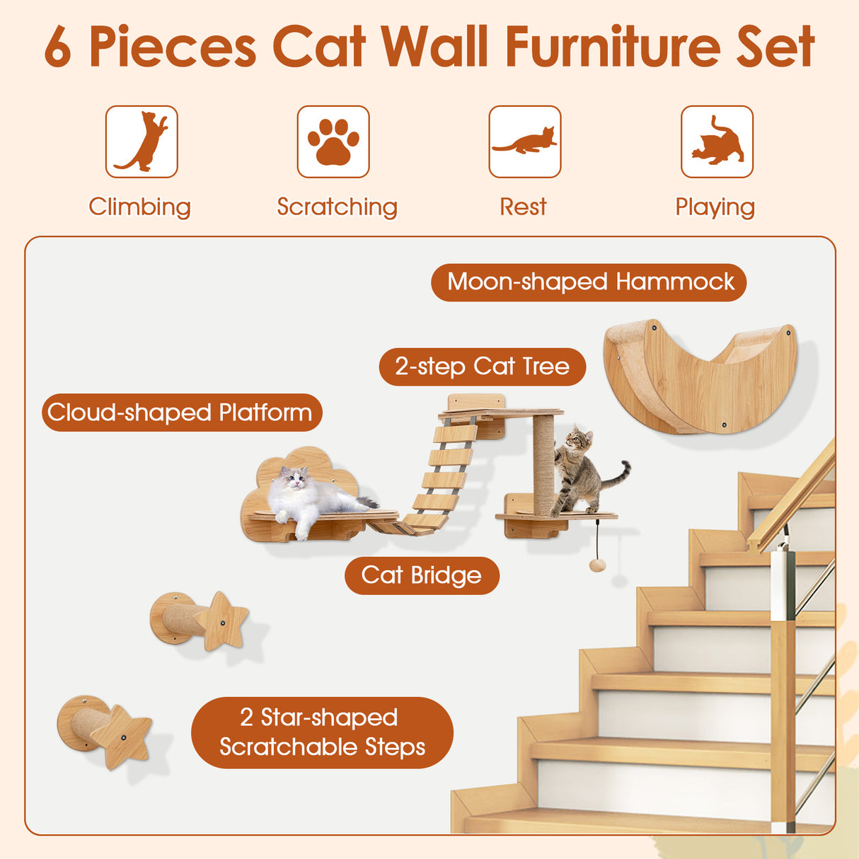 Cat Wall Furniture Set Kitten Wall Mounted Shelves with Hammock-Natural