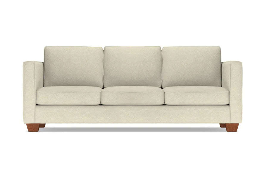Catalina Sofa: A three-seater sofa in beige, featuring square cushions and wooden legs, set against a white background.