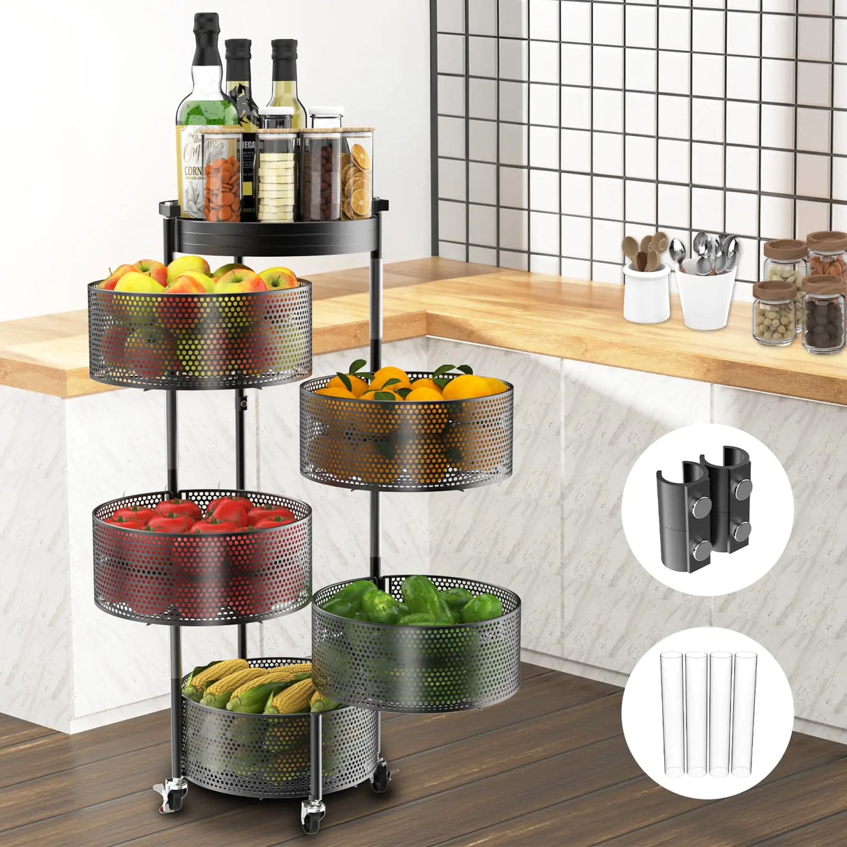 Amundo Fruit and Vegetable Basket Bowls for Kitchen5 Tier Rotating Storage Rack Cart With Metal Top LidDouble fixing &Metal Support Wheels Kitchen Storage Rack For Potato Onion Bread BananaBlack
