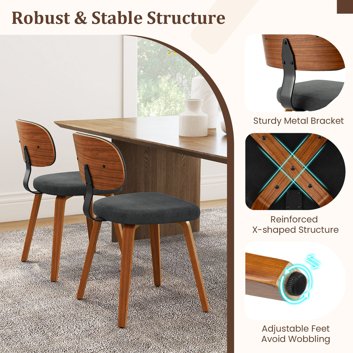 Chenille Fabric Upholstered Wooden Kitchen Chairs Set of 4-Dark Gray