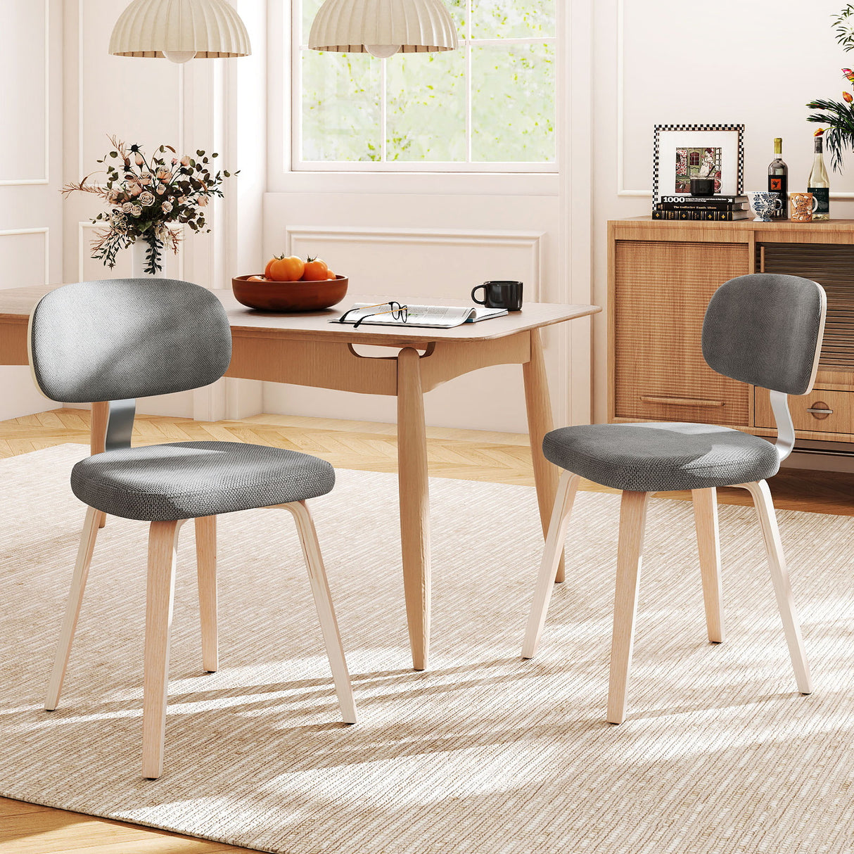 Chenille Fabric Upholstered Wooden Kitchen Chairs Set of 2-Gray