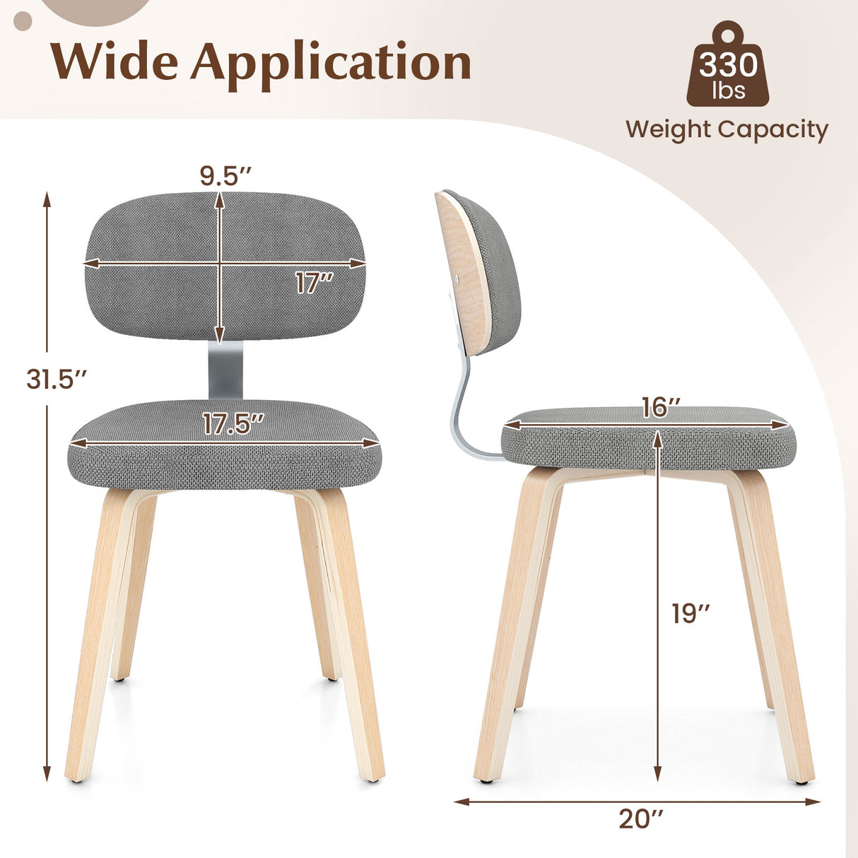 Chenille Fabric Upholstered Wooden Kitchen Chairs Set of 2-Gray