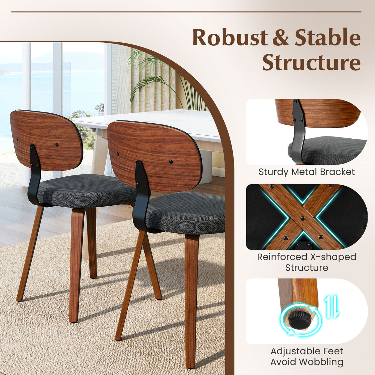 Chenille Fabric Upholstered Wooden Kitchen Chairs Set of 2-Dark Gray
