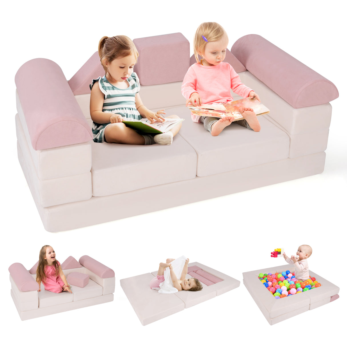 9-Piece Climb and Crawl Foam and Floor Playset with Breathable Suede Fabric-Pink