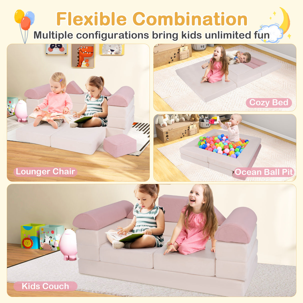 9-Piece Climb and Crawl Foam and Floor Playset with Breathable Suede Fabric-Pink
