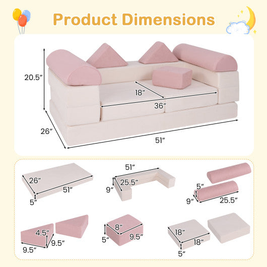 9-Piece Climb and Crawl Foam and Floor Playset with Breathable Suede Fabric-Pink