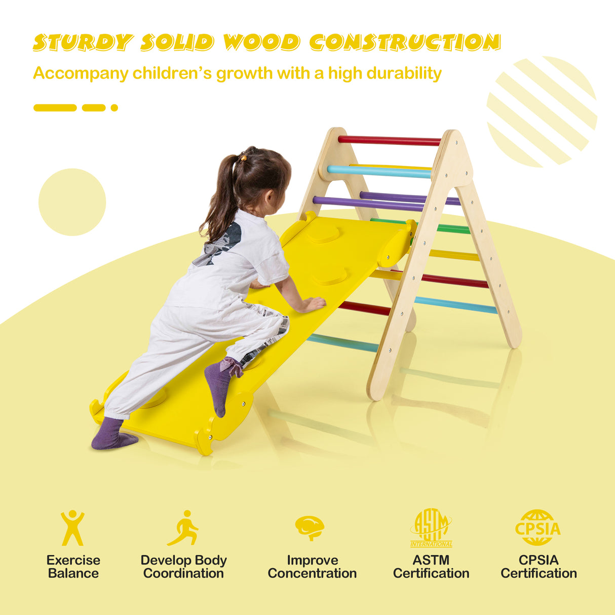Patented 3-in-1 Wooden Climbing Triangle Set Triangle Climber with Ramp-Multicolor