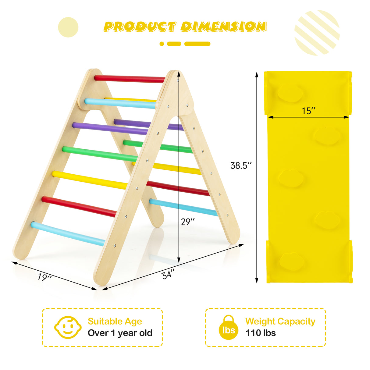 Patented 3-in-1 Wooden Climbing Triangle Set Triangle Climber with Ramp-Multicolor
