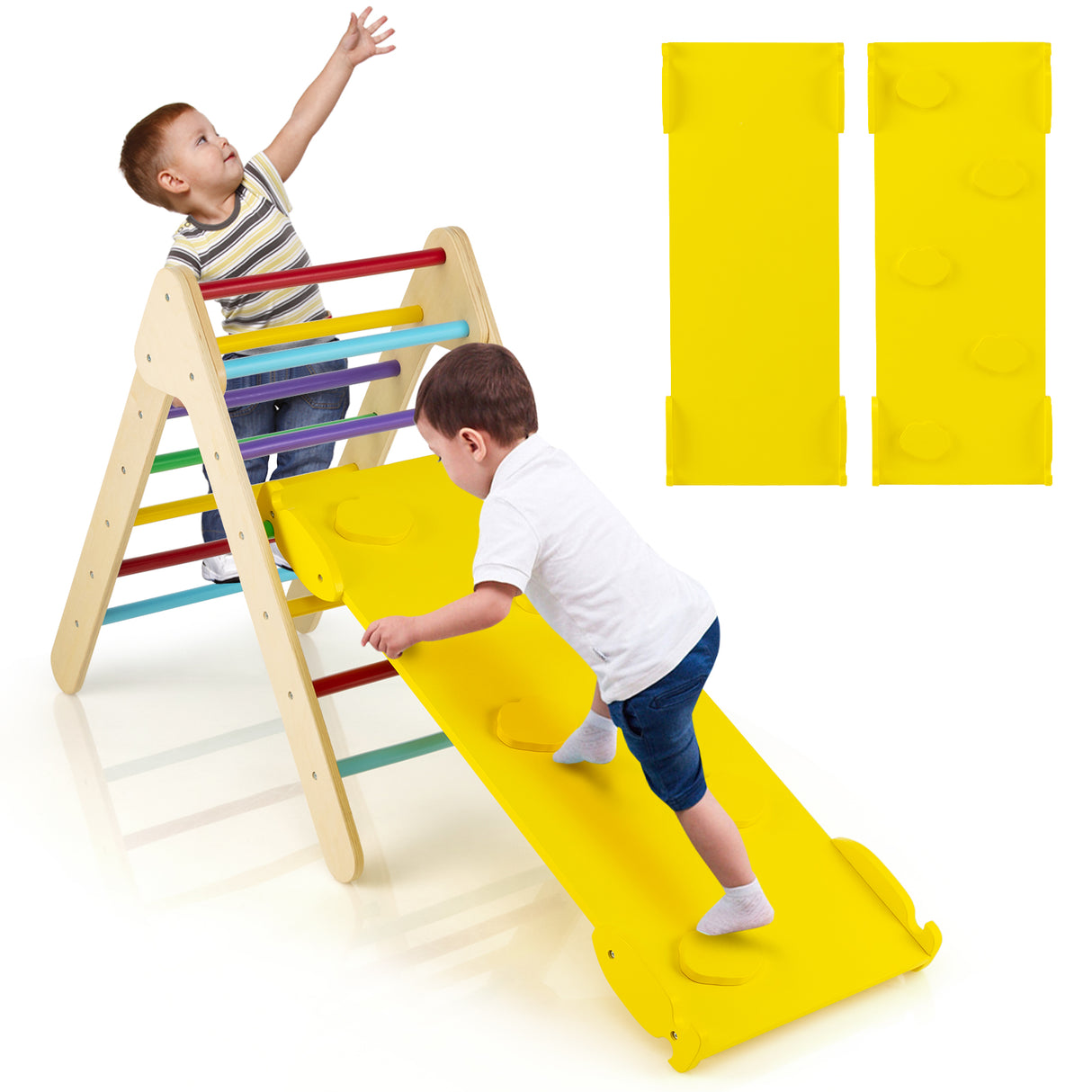 Patented 3-in-1 Wooden Climbing Triangle Set Triangle Climber with Ramp-Multicolor